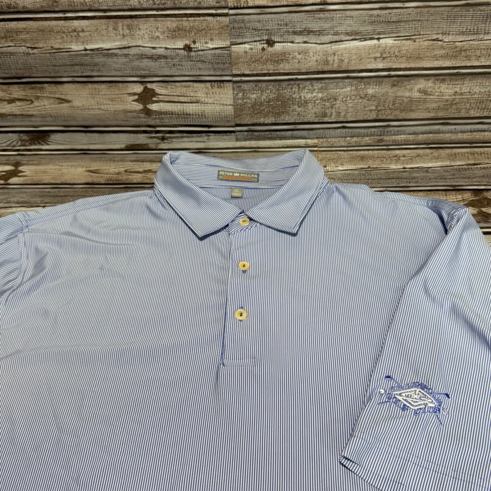 Peter Millar Polo Shirt Mens XL Blue White Striped Summer Comfort Golf Club Logo